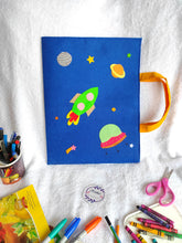 Load image into Gallery viewer, Craft bag. Craft tote. Kraft gift bags. Felt handbag. Felt tote bag. Felt pouch. Felt gift bag. Craft folder. Felt craft folder. Personalized gift. Kids gift. Kids personalized gift. Unique gift. Handmade personalized gift. Handmade gift. Mickey mouse theme folder. Gift for girl. Return gift. space theme folder. blue folder. Space theme folder.