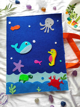 Load image into Gallery viewer, Craft bag. Craft tote. Kraft gift bags. Felt handbag. Felt tote bag. Felt pouch. Felt gift bag. Craft folder. Felt craft folder. Personalized gift. Kids gift. Kids personalized gift. Unique gift. Handmade personalized gift. Handmade gift. Mickey mouse theme folder. Gift for girl. Return gift. underwater theme folder. blue folder. sea creature folder.