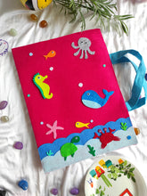 Load image into Gallery viewer, Craft bag. Craft tote. Kraft gift bags. Felt handbag. Felt tote bag. Felt pouch. Felt gift bag. Craft folder. Felt craft folder. Personalized gift. Kids gift. Kids personalized gift. Unique gift. Handmade personalized gift. Handmade gift. Mickey mouse theme folder. Gift for girl. Return gift. underwater theme folder. Pink folder. sea creature folder.