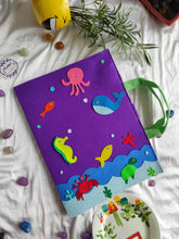 Load image into Gallery viewer, Craft bag. Craft tote. Kraft gift bags. Felt handbag. Felt tote bag. Felt pouch. Felt gift bag. Craft folder. Felt craft folder. Personalized gift. Kids gift. Kids personalized gift. Unique gift. Handmade personalized gift. Handmade gift. Mickey mouse theme folder. Gift for girl. Return gift. underwater theme folder. Purple folder. sea creature folder.