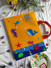 Load image into Gallery viewer, Craft bag. Craft tote. Kraft gift bags. Felt handbag. Felt tote bag. Felt pouch. Felt gift bag. Craft folder. Felt craft folder. Personalized gift. Kids gift. Kids personalized gift. Unique gift. Handmade personalized gift. Handmade gift. Mickey mouse theme folder. Gift for girl. Return gift. underwater theme folder. yellow folder. sea creature folder.