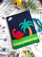 Load image into Gallery viewer, Craft bag. Craft tote. Kraft gift bags. Felt handbag. Felt tote bag. Felt pouch. Felt gift bag. Craft folder. Felt craft folder. Personalized gift. Kids gift. Kids personalized gift. Unique gift. Handmade personalized gift. Handmade gift. blue folder. dinosaur folder. Gift for boy