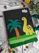 Load image into Gallery viewer, Craft bag. Craft tote. Kraft gift bags. Felt handbag. Felt tote bag. Felt pouch. Felt gift bag. Craft folder. Felt craft folder. Personalized gift. Kids gift. Kids personalized gift. Unique gift. Handmade personalized gift. Handmade gift. blue folder. dinosaur folder. Gift for boy. black folder. charcoal grey