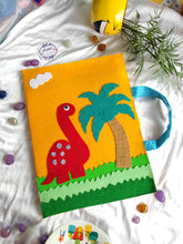 Load image into Gallery viewer, Craft bag. Craft tote. Kraft gift bags. Felt handbag. Felt tote bag. Felt pouch. Felt gift bag. Craft folder. Felt craft folder. Personalized gift. Kids gift. Kids personalized gift. Unique gift. Handmade personalized gift. Handmade gift. yellow folder. dinosaur folder. Gift for boy