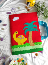 Load image into Gallery viewer, Craft bag. Craft tote. Kraft gift bags. Felt handbag. Felt tote bag. Felt pouch. Felt gift bag. Craft folder. Felt craft folder. Personalized gift. Kids gift. Kids personalized gift. Unique gift. Handmade personalized gift. Handmade gift. blue folder. dinosaur folder. Gift for boy