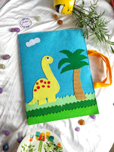 Load image into Gallery viewer, Craft bag. Craft tote. Kraft gift bags. Felt handbag. Felt tote bag. Felt pouch. Felt gift bag. Craft folder. Felt craft folder. Personalized gift. Kids gift. Kids personalized gift. Unique gift. Handmade personalized gift. Handmade gift. blue folder. dinosaur folder. Gift for boy