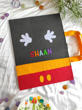 Load image into Gallery viewer, Craft bag. Craft tote. Kraft gift bags. Felt handbag. Felt tote bag. Felt pouch. Felt gift bag. Craft folder. Felt craft folder. Personalized gift. Kids gift. Kids personalized gift. Unique gift. Handmade personalized gift. Handmade gift. Mickey mouse theme folder. Gift for girl. Return gift. Mickey mouse. Black folder. Mickey folder