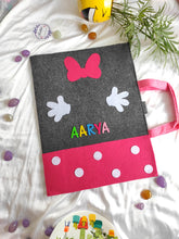 Load image into Gallery viewer, Craft bag. Craft tote. Kraft gift bags. Felt handbag. Felt tote bag. Felt pouch. Felt gift bag. Craft folder. Felt craft folder. Personalized gift. Kids gift. Kids personalized gift. Unique gift. Handmade personalized gift. Handmade gift. Mickey mouse theme folder. Gift for girl. Return gift. Minnie mouse. Black folder. Minnie mouse folder
