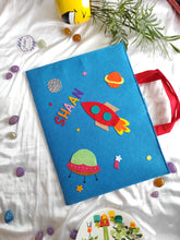 Load image into Gallery viewer, Craft bag. Craft tote. Kraft gift bags. Felt handbag. Felt tote bag. Felt pouch. Felt gift bag. Craft folder. Felt craft folder. Personalized gift. Kids gift. Kids personalized gift. Unique gift. Handmade personalized gift. Handmade gift. Mickey mouse theme folder. Gift for girl. Return gift. space theme folder. blue folder. Space theme folder.