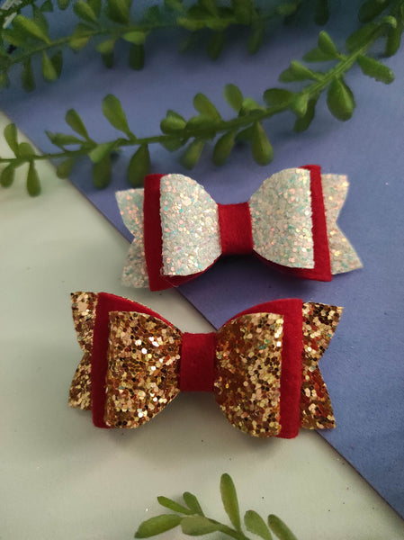 Set of 2 glitter christmas 3 layer clip bow -Red ,white , golden