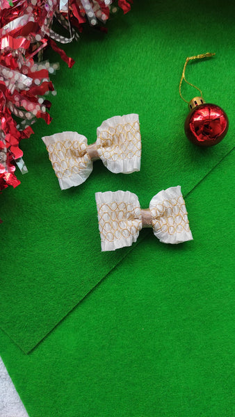 Set of 2 white golden lace clip bow -white , golden