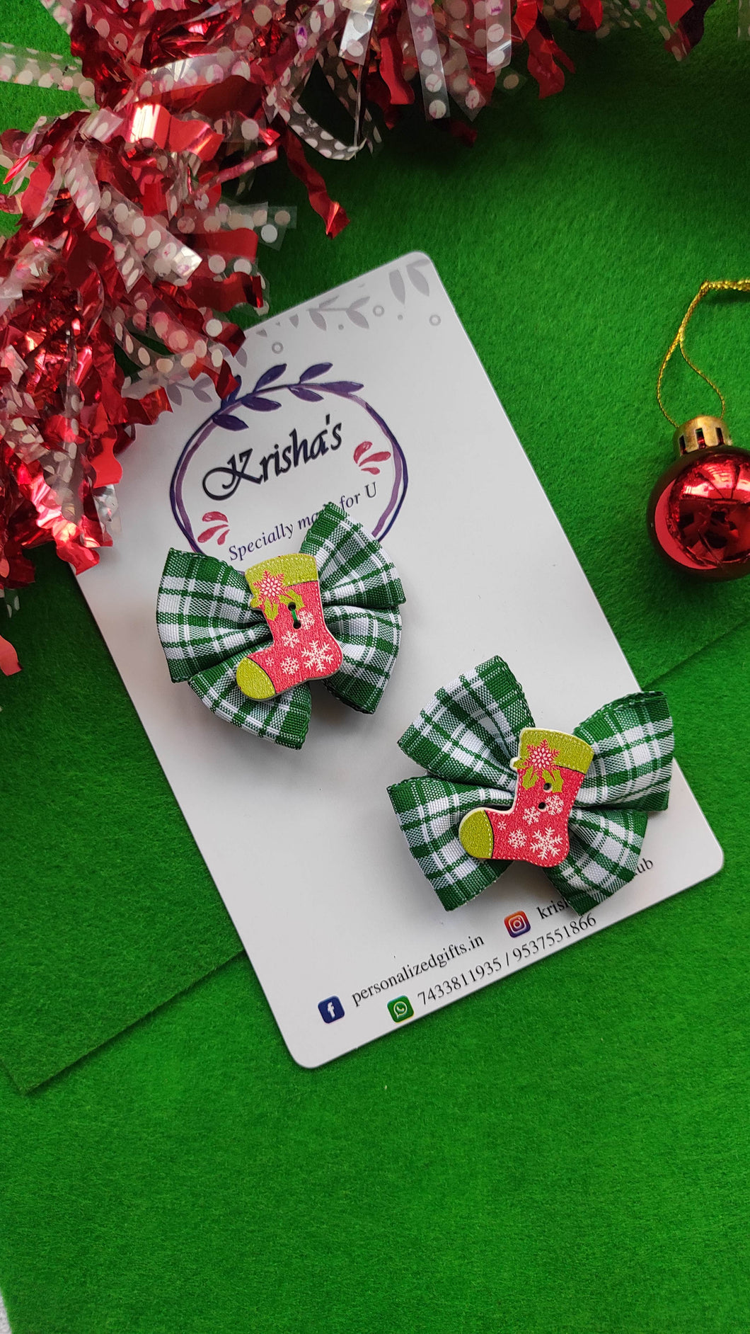 Set of 2 Green checkered lace clip bow with socks emblishment -Green, red