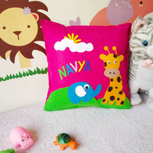 Load image into Gallery viewer, Felt cushion cover, felt pillow cover, cow pillow, cow cushion, felt cushion, personalized pillow, personalized cushion , personalized name cushion, personalized pillow with name , customize pillow, customize cushion , pillow for kids, pillow for baby head, elephant pillow, Giraffe Pillow
