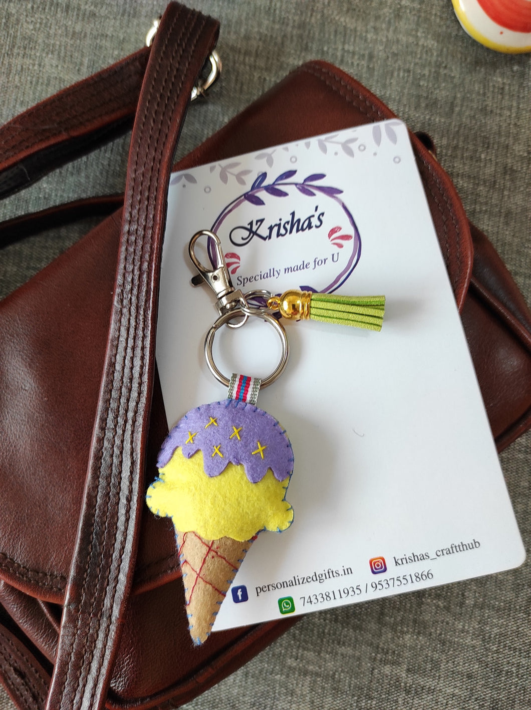 Ice cream bag charm. Felt ice cram bag charm. Cute bag charm. Bag charm with lobster clip. Fendi ice cream bag charm. Ice cream cone bag charm.