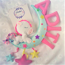 Load image into Gallery viewer, Personalized name bunting. Name bunting for nursery. Name bunting for bedroom. Felt name bunting. Children name bunting.  Handmade gifts. Handmade bunting. Personalized décor. Nursery decoration. Nursery ideas.  Moon wall décor. Pastel Wall décor.  Unicorn Bunting. Unicorn name bunting
