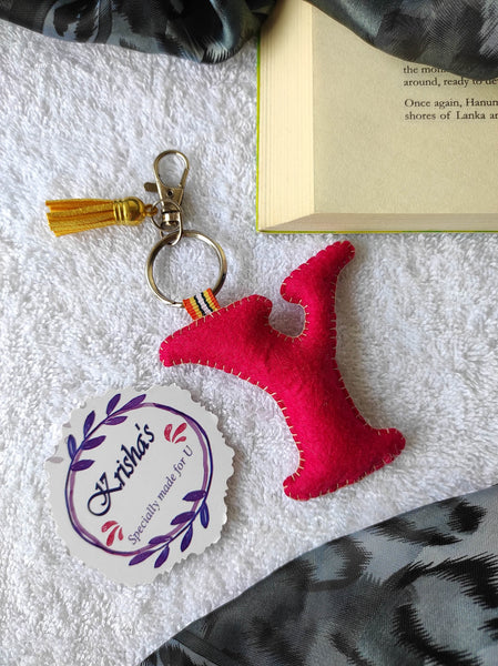 Key ring bag charm. Cute bag charm with stuffed alphabet. Hand bag charms. Felt bag charm. Unusual bag charm. Pink bag charm. Bag charm with lobster claw clip. Luxury bag charm. Tessel bag charm.