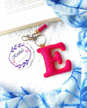 Load image into Gallery viewer, Key ring bag charm. Cute bag charm with stuffed alphabet. Hand bag charms. Felt bag charm. Unusual bag charm. Pink bag charm. Bag charm with lobster claw clip. Luxury bag charm. Tessel bag charm.
