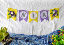 Load image into Gallery viewer, Personalized name bunting. Name bunting for nursery. Name bunting for bedroom. Felt name bunting. Children name bunting.  Handmade gifts. Handmade bunting. Personalized décor. Nursery decoration. Nursery ideas.  Moon wall décor. Pastel Wall décor. Family Name Hanging. Name Garland. Name Banner. Floral Name Garland.
