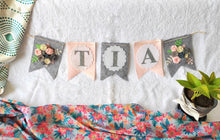 Load image into Gallery viewer, Personalized name bunting. Name bunting for nursery. Name bunting for bedroom. Felt name bunting. Children name bunting.  Handmade gifts. Handmade bunting. Personalized décor. Nursery decoration. Nursery ideas.  Moon wall décor. Pastel Wall décor. Family Name Hanging. Name Garland. Name Banner. Floral Name Garland.
