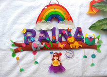 Load image into Gallery viewer, Personalized name bunting. Name bunting for nursery. Name bunting for bedroom. Felt name bunting. Children name bunting.  Handmade gifts. Handmade bunting. Personalized décor. Nursery decoration. Nursery ideas.  Moon wall décor. Pastel Wall décor.  Rainbow Bunting. Rainbow Hanging
