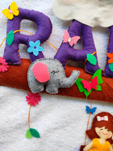 Load image into Gallery viewer, nursery bunting. safari bunting. animal bunting. felt animals. Personalized name bunting. Name bunting for nursery. Name bunting for bedroom. Felt name bunting. Children name bunting.  Handmade gifts. Handmade bunting. Personalized décor. Nursery decoration. Nursery ideas.  Moon wall décor. Pastel Wall décor.  
