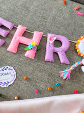 Load image into Gallery viewer, Personalized name bunting. Name bunting for nursery. Name bunting for bedroom. Felt name bunting. Children name bunting. Handmade gifts. Handmade bunting. Personalized décor. Nursery decoration. Nursery ideas. Moon wall décor. Pastel Wall décor, Nursery décor, nursery goals, kids nursery idea, unicorn theme bunting, personalized name bunting, handmade with love, felt India, feltrolove 
