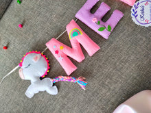 Load image into Gallery viewer, Personalized name bunting. Name bunting for nursery. Name bunting for bedroom. Felt name bunting. Children name bunting. Handmade gifts. Handmade bunting. Personalized décor. Nursery decoration. Nursery ideas. Moon wall décor. Pastel Wall décor, Nursery décor, nursery goals, kids nursery idea, unicorn theme bunting, personalized name bunting
