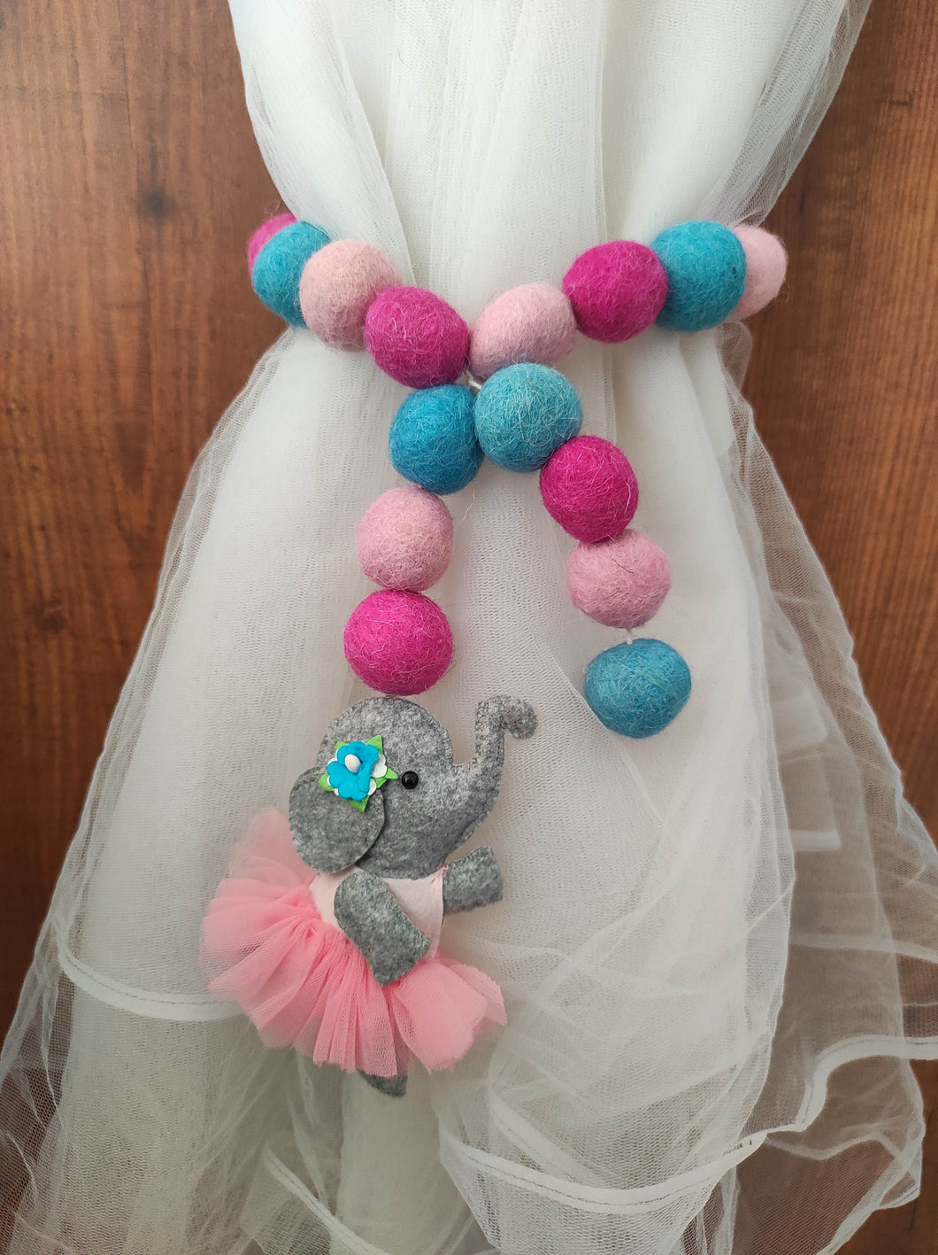 Dancing Elephant and Felt Ball Curtain Tie