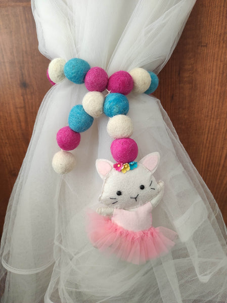 Dancing Cat and Felt Ball Curtain Tie